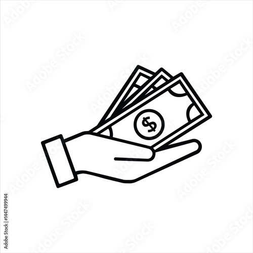 Hand holding cash banknotes with dollar sign icon. Financial concept vector illustration black and white.