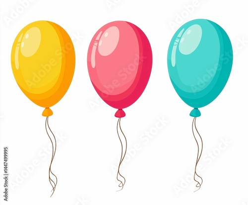 Colorful Balloons in Yellow, Red, and Blue with Strings on White Background