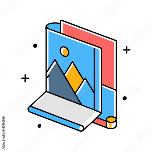 Isometric Illustration of a Book with a Mountain Landscape Image