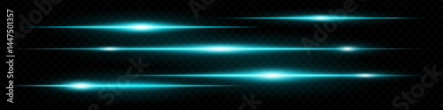 Collection of horizontal blue neon lens flares isolated on black transparent background. Futuristic abstract light beams, perfect for digital effects, UI, banners. EPS vector illustration.