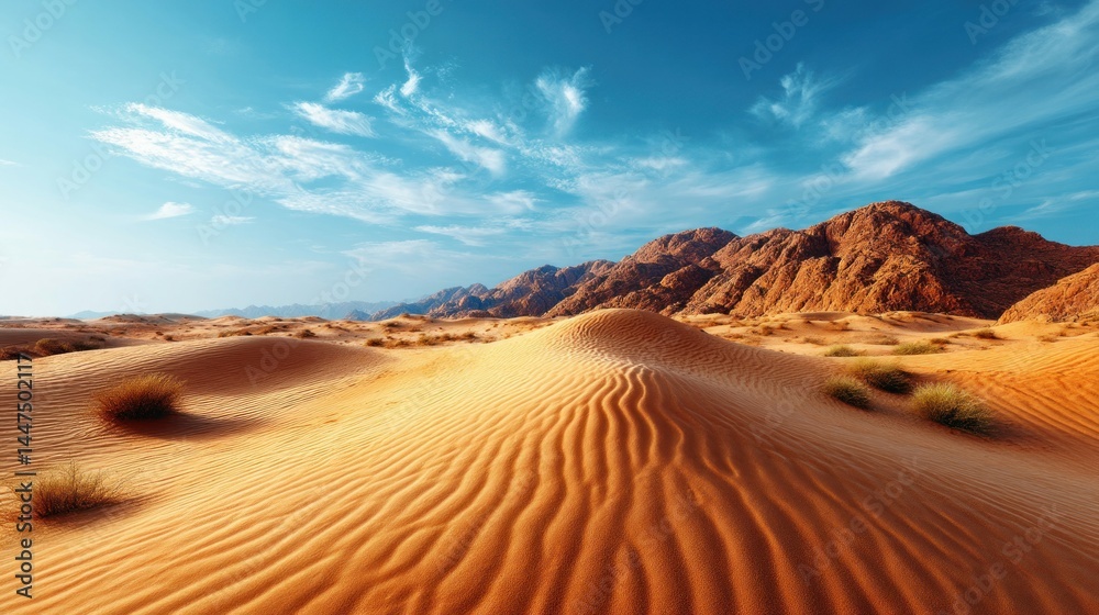Naklejka premium A breathtaking desert scene with rolling sand dunes beneath a vibrant blue sky, nature's beauty.