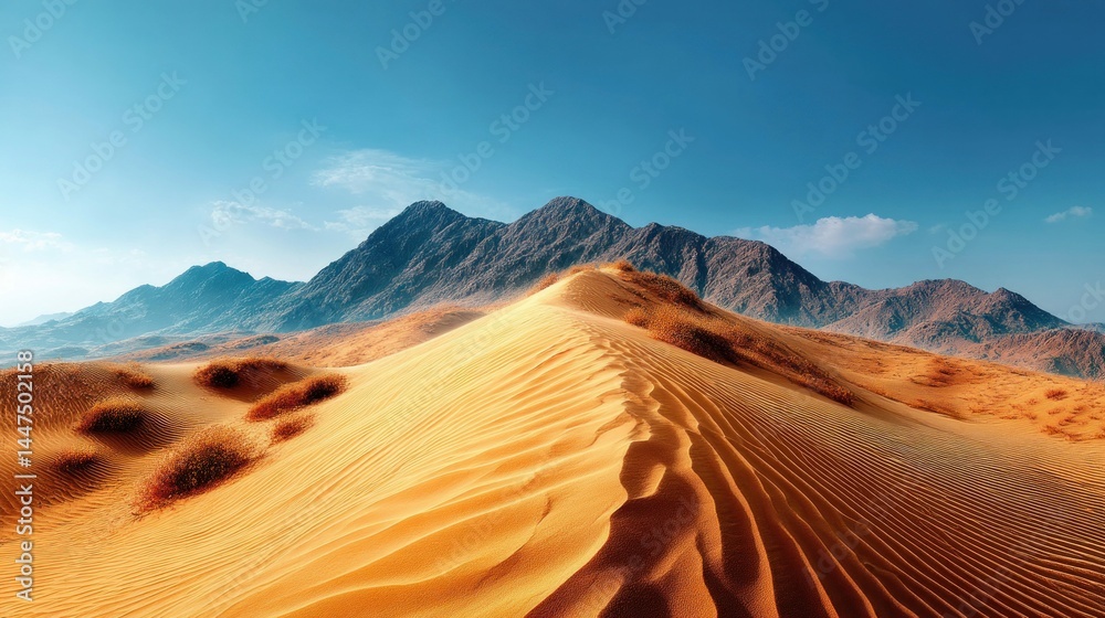 Naklejka premium A breathtaking view of golden sand dunes with majestic mountains under a blue sky.