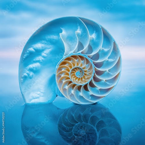 An artistic shot reveals the stunning spiral and detailed structure of a nautilus shell.