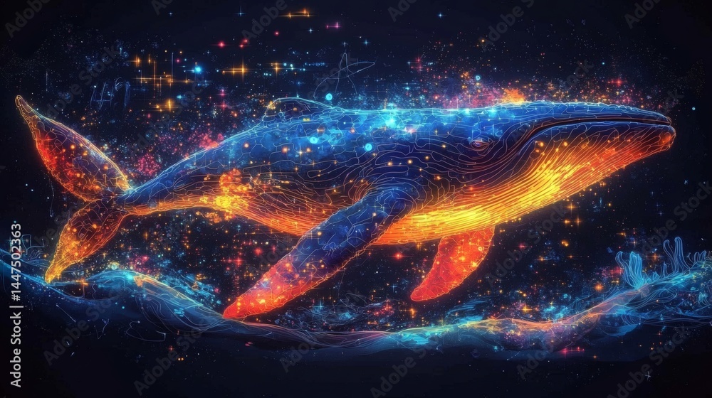Intricate Whale Depiction with Glowing Circuitry Texture Swimming in Space with Starry Lights, and Blue Water on a transparent background, PNG image, PNG file. Intricate Whale Depiction with Glowing Circuitry Texture Swimming in Space with Starry Lights, and Blue Water on a transparent background, PNG image, PNG file.