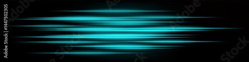 Set of futuristic blue horizontal neon speed lines on dark background. Abstract glowing beams ideal for technology, interface, digital effects. EPS vector illustration.