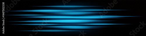 Set of futuristic blue horizontal neon speed lines on dark background. Abstract glowing beams ideal for technology, interface, digital effects. EPS vector illustration.
