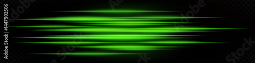 Set of futuristic green horizontal neon speed lines on dark background. Abstract glowing beams ideal for technology, interface, digital effects. EPS vector illustration.