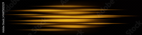 Set of futuristic yellow horizontal neon speed lines on dark background. Abstract glowing beams ideal for technology, interface, digital effects. EPS vector illustration.
