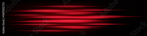 Set of futuristic red horizontal neon speed lines on dark background. Abstract glowing beams ideal for technology, interface, digital effects. EPS vector illustration.