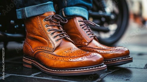 Stylish brown leather brogue boots