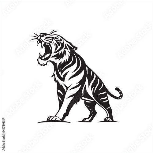 Roaring Tiger Silhouette on White Background