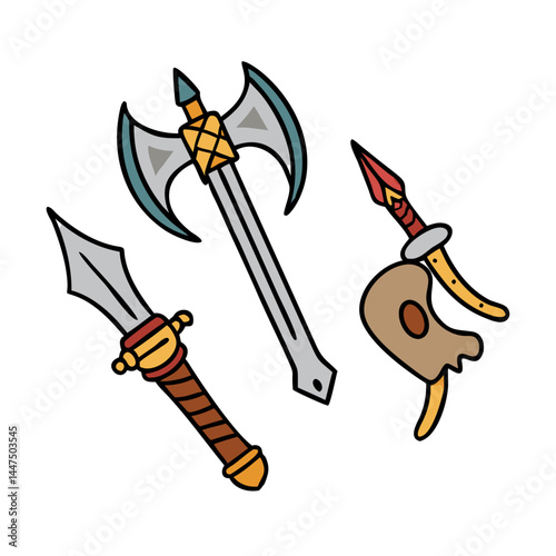 Fantasy Weapons Collection Cartoon Illustration of Medieval Battle Axe Dagger and Spear