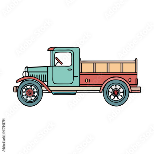 Vintage Teal and Red Flatbed Truck Illustration Side View