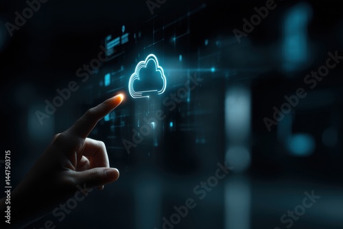 Interacting with a glowing blue cloud in a digital techscape photo