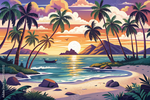 Amazing Island palm tree sea sand beach vector. Panoramic shore landscape. Inspire tropical coast seascape horizon. Orange golden sunset sky calmness tranquil relax summer mood illustration