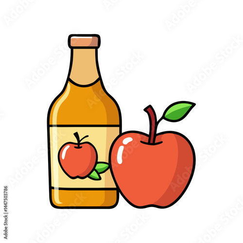 Bottle of Apple Cider Vinegar and a Fresh Red Apple Illustration