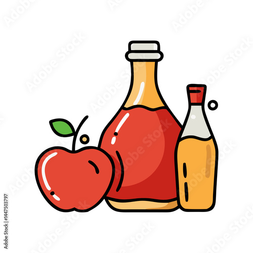 Apple Cider Vinegar Illustration with Red Apple and Bottles of Vinegar