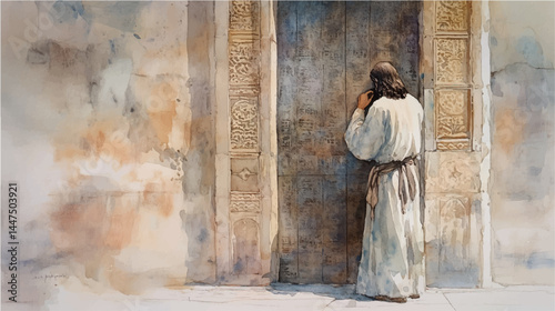 Jesus Standing at the Door Knocking, vector illustration, watercolor
