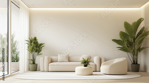 Minimalist Beige Living Room Interior Design Plants, Sofa, Chair