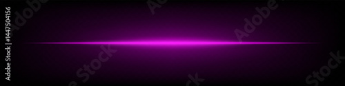 Bright purple horizontal neon lens flare isolated on dark background. Abstract futuristic minimalistic beam, perfect for UI, digital design, sci-fi projects. EPS vector illustration.