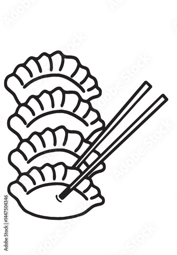 Minimalist outline gyoza icon with chopsticks. Classic Asian dumpling. Simple, clean design for food, restaurant, or culinary projects.