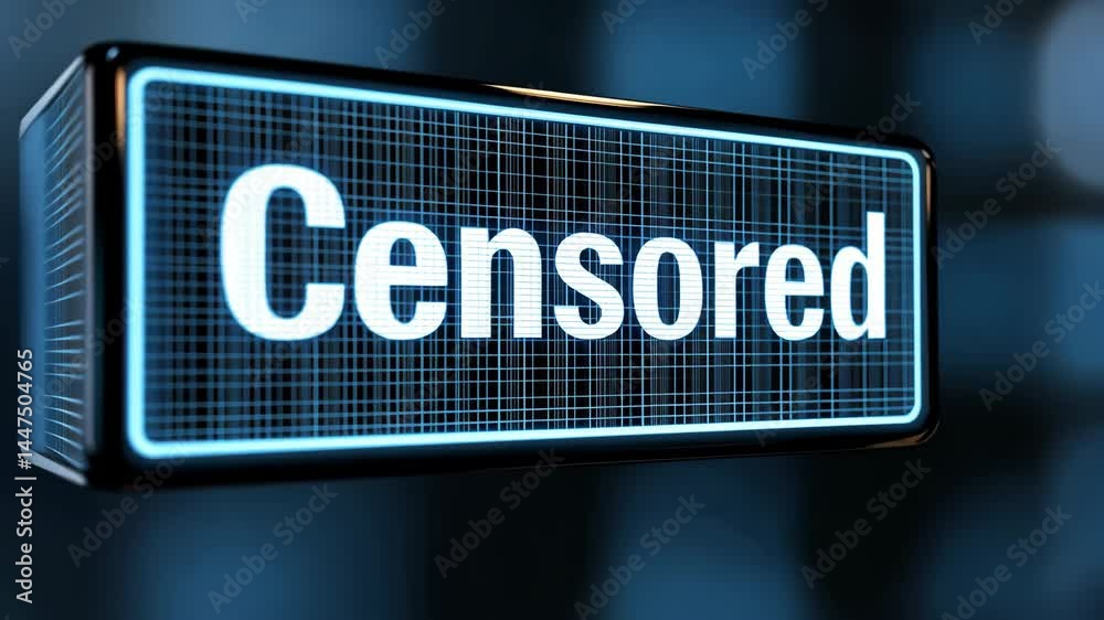 Censored text glowing digital block shows social and physical barriers blocking communication, creating digital censorship barrier that limits access