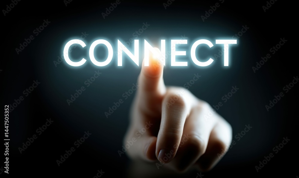 A finger presses the glowing connect button, symbolizing digital connection and interaction perfectly. A finger presses the glowing connect button, symbolizing digital connection and interaction perfectly.