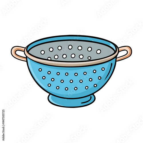 A Vibrant Blue Metal Colander with Orange Handles for Kitchen Use