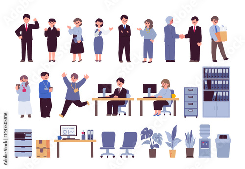 オフィスで働く会社員と備品のイラストセット