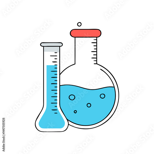 Laboratory glassware with light blue liquid science experiment equipment