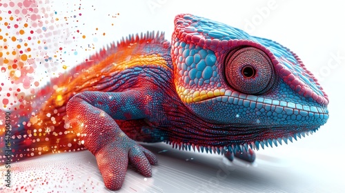 Detailed close-up of a vibrant chameleon with red, orange, and blue scales, unique texture patterns, and ornate digital accents on a transparent background, PNG image, PNG file.