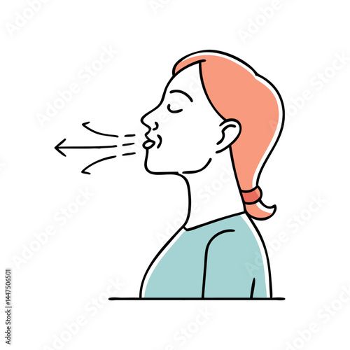 Woman Exhaling Breath Profile View Simple Line Drawing Illustration