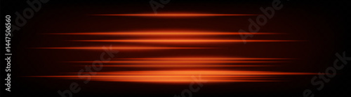 Set of dynamic horizontal orange neon speed lines glowing on dark background. Futuristic beams ideal for technology visuals, UI design, digital banners. EPS vector illustration.