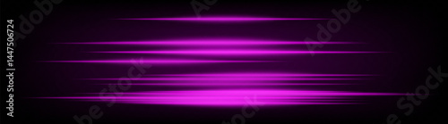 Set of dynamic horizontal pink neon speed lines glowing on dark background. Futuristic beams ideal for technology visuals, UI design, digital banners. EPS vector illustration.