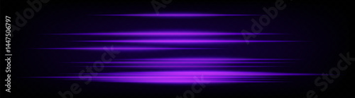 Set of dynamic horizontal purple neon speed lines glowing on dark background. Futuristic beams ideal for technology visuals, UI design, digital banners. EPS vector illustration.