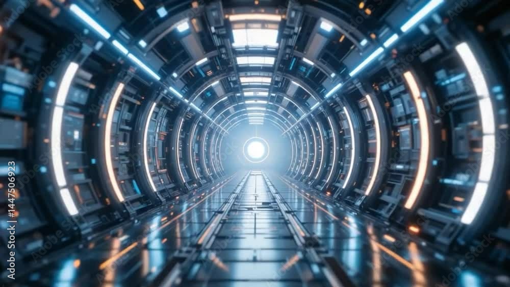 Futuristic tunnel illustration advanced interior spaces science fiction setting sleek architecture technological image digital design