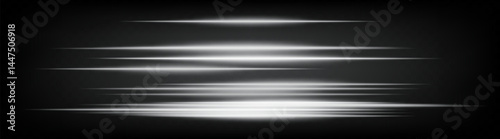 Dynamic horizontal white neon speed lines glowing brightly on a dark background. Abstract futuristic beams perfect for digital designs, technology, and UI elements. EPS vector illustration.
