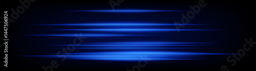 Set of dynamic horizontal blue neon speed lines glowing on dark background. Futuristic beams ideal for technology visuals, UI design, digital banners. EPS vector illustration.