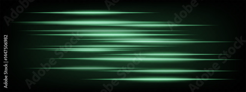 Collection of green horizontal abstract neon streaks glowing dynamically on dark background. Futuristic speed lines perfect for digital effects, interfaces, tech projects. EPS vector illustration.