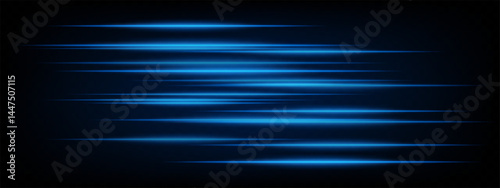 Collection of blue horizontal abstract neon streaks glowing dynamically on dark background. Futuristic speed lines perfect for digital effects, interfaces, tech projects. EPS vector illustration.