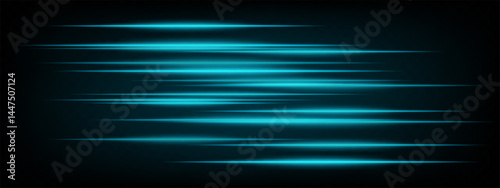 Collection of blue horizontal abstract neon streaks glowing dynamically on dark background. Futuristic speed lines perfect for digital effects, interfaces, tech projects. EPS vector illustration.