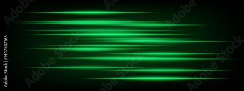 Collection of green horizontal abstract neon streaks glowing dynamically on dark background. Futuristic speed lines perfect for digital effects, interfaces, tech projects. EPS vector illustration.