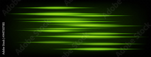 Collection of green horizontal abstract neon streaks glowing dynamically on dark background. Futuristic speed lines perfect for digital effects, interfaces, tech projects. EPS vector illustration.