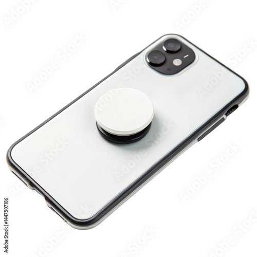 Smartphone with a pop socket on a sleek, transparent case.