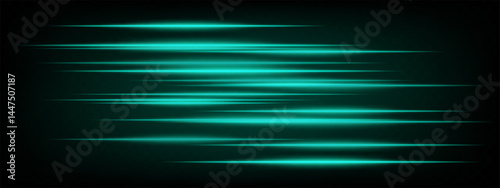 Collection of green horizontal abstract neon streaks glowing dynamically on dark background. Futuristic speed lines perfect for digital effects, interfaces, tech projects. EPS vector illustration.