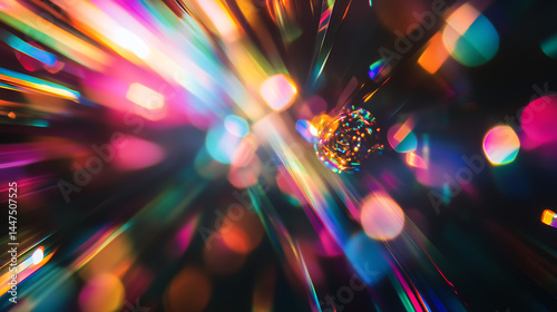 Abstract prism light reflection scattering across a surface with vivid rainbow flares, glowing softly in a dark background.