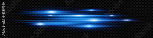 Blue horizontal neon lens flares isolated on transparent background. Abstract glowing beams ideal for digital effects, futuristic designs, UI. EPS vector illustration.