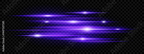 Purple horizontal neon lens flares isolated on transparent background. Abstract glowing beams ideal for digital effects, futuristic designs, UI. EPS vector illustration.