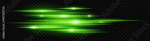 Green horizontal neon lens flares isolated on transparent background. Abstract glowing beams ideal for digital effects, futuristic designs, UI. EPS vector illustration.