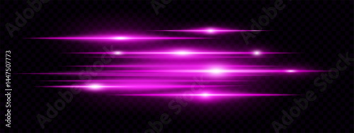 Pink horizontal lens flare neon streaks on transparent background. Futuristic abstract beams ideal for technology interfaces, banners, digital projects. EPS vector illustration.